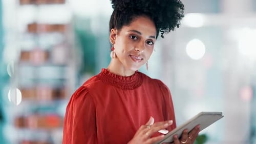 Tablet, office and face of black woman mindset for online market research