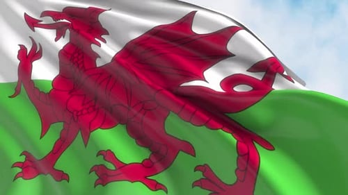 Waving Flag of Wales with Red Dragon Design