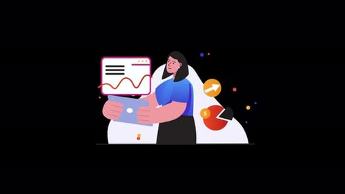 Woman holding a tablet with data charts and icons, digital illustration.