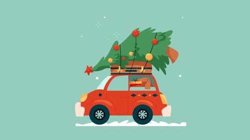 Christmas Car Delivering Tree and Gifts Animation