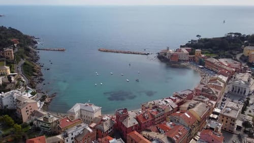 Sestri levante, liguria, showing the stunning coastline and colorful buildings, aerial view