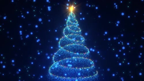 Shimmering Christmas Tree with Falling Snowflakes Celebration Background