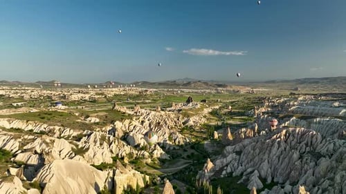 Hot Air Balloons Fly Over the Mountainous Landscape of Cappadocia Turkey