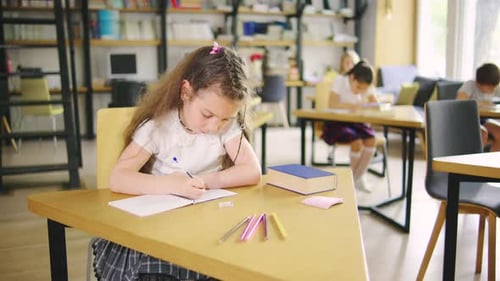 Portrait of an Elementary School Student Sitting at the Front Desk Concentrating on Writing an