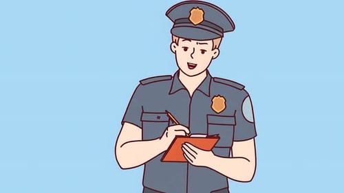 Polizeibeamter in Uniform schreibt Bericht, Strafverfolgung, Sicherheit, Zeichentrickfilme