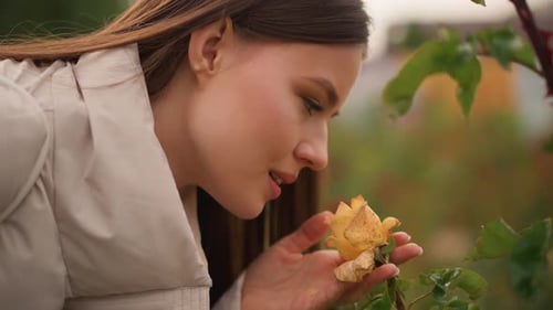 Contemplative Woman in Garden Lighting Serene Scene of Woman Smelling Flower Outdoors Calm Woman in