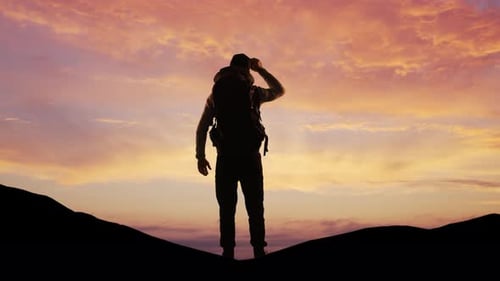 Traveler with Backpack Over Sunset Background Alpine Peaks Landscape Background Tourism Journey