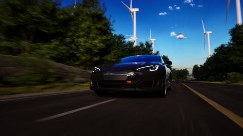3D render of generic electric car drives on a Road with wind turbines in the background