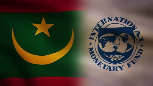 Mauritania Flag and International Monetary Fund Logo Waving