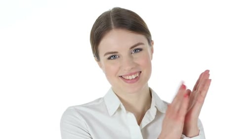 Young Adult Woman Clapping on White Background