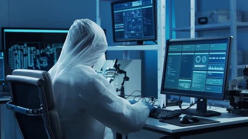Mikroelektroniker arbeitet in einem modernen wissenschaftlichen Labor an Computersystemen und