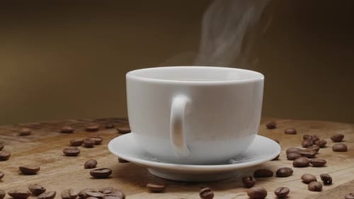 Steaming Hot Coffee Cup with Coffee Beans
