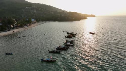Aerial view of boats along the coast, Thailand.