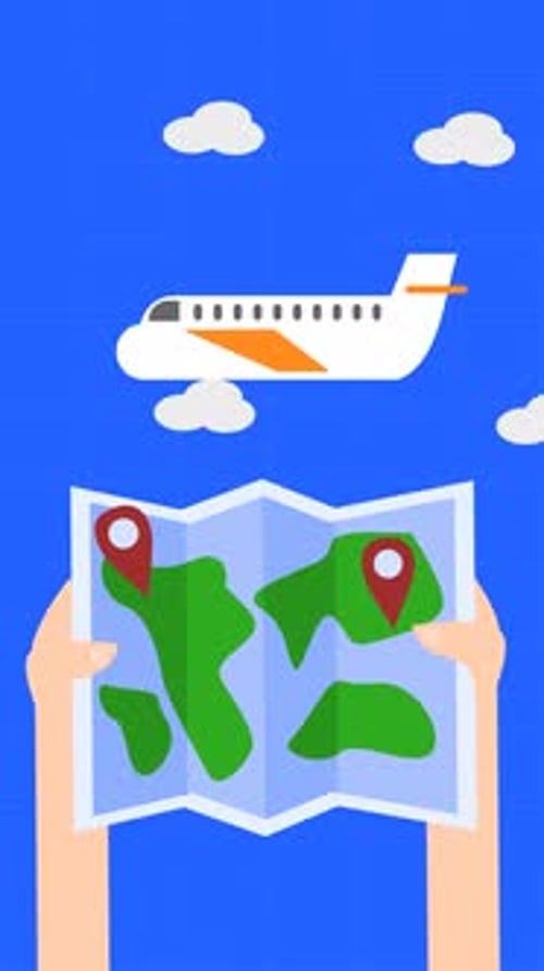 Flat Design Travel Map with Airplane and Location Pins Animation