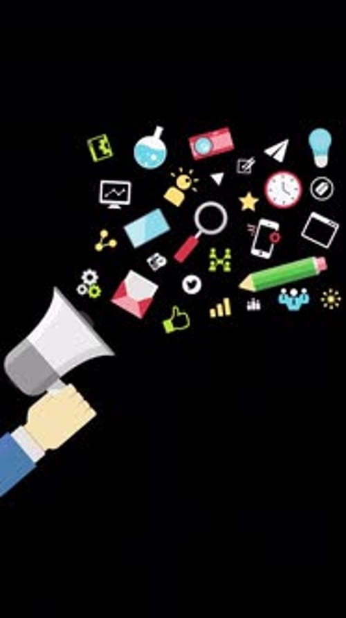 Megáfono con nube de aplicaciones coloridas en vertical en el canal alfa