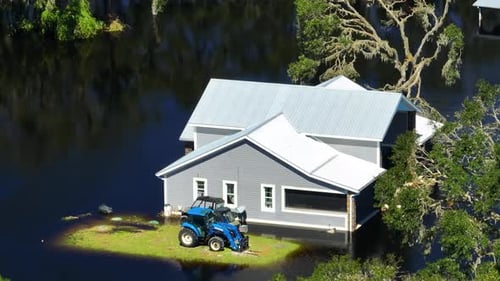 Flooded House By Hurricane Ian Rainfall in Florida Residential Area