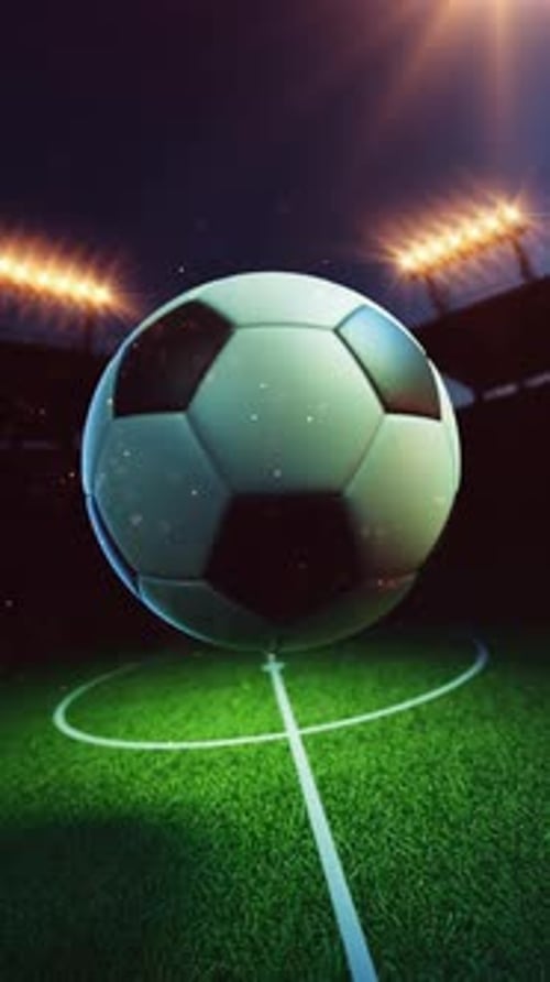 Classic soccer ball rotating in night stadium.