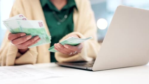 Hands, accountant woman and cash in office, counting and budget for savings