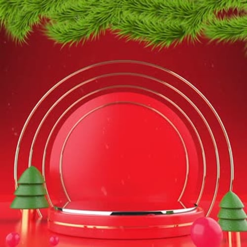 Christmas Podium Presentation with Pine Branches and Snowfall