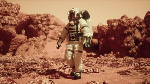 Astronaut Walking Across Rocky Mars Terrain 3