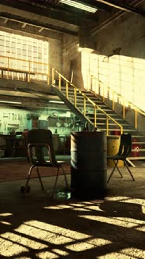 Chair Next to Stairs in Old Auto Repair Shop