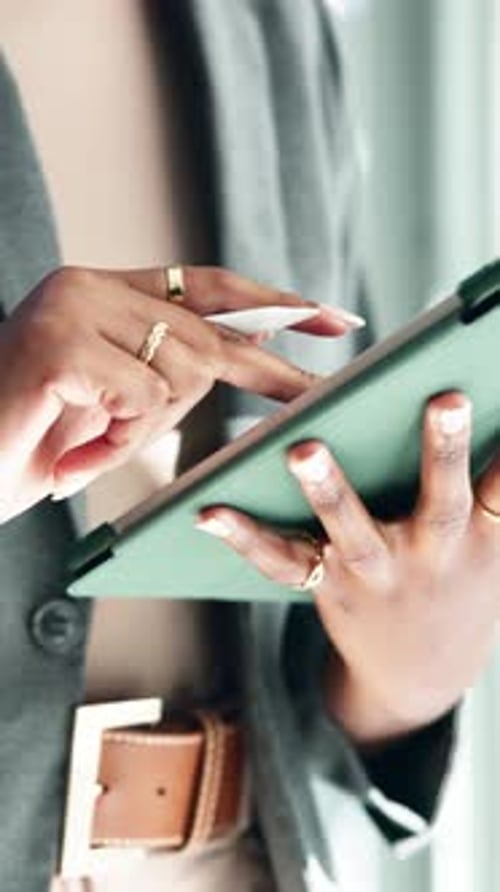 Design, hands and tablet with business person closeup in office for creative web development