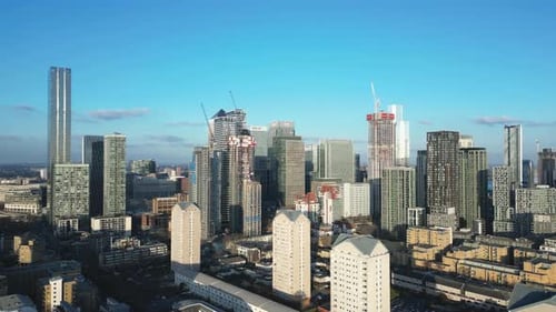 Skyscrapers in financial district of Canary Wharf, London. Aerial view