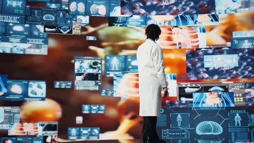 Portrait of Healthcare Specialist Looking at CT Scans Displayed on Videowall