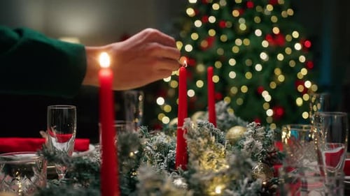 Christmas Table Setting Candles Lit for Celebration