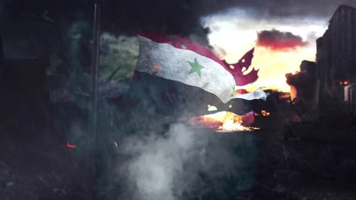 Burning Distressed Flag in War-Torn City Animation
