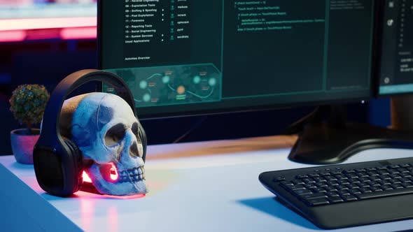 Desk in Empty Criminals Den and Hacking Software Interface on PC ...