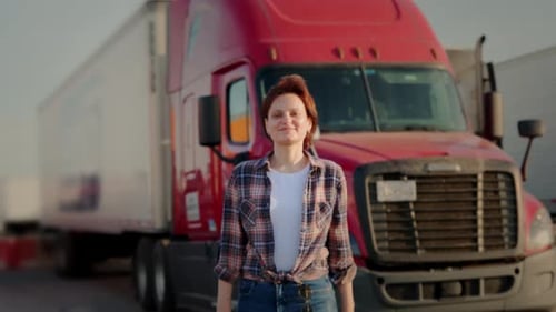 Woman Smiling in front of Big Red Semi-Truck