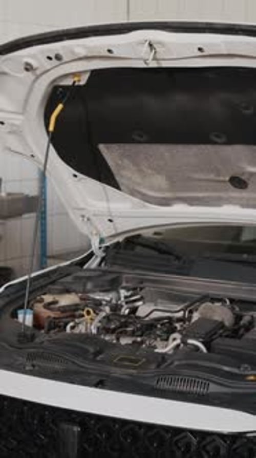 Vertical of White Car with Raised Hood at Garage during Checkup