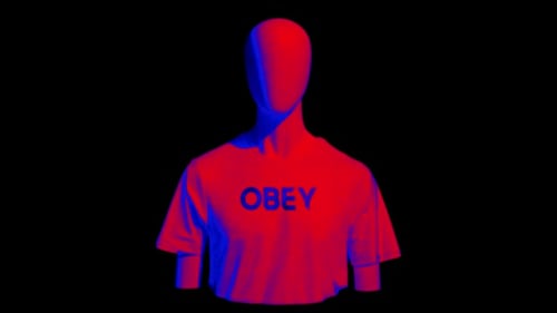 Modern 3D Mannequin with T-Shirt Rotating in Red and Blue Light