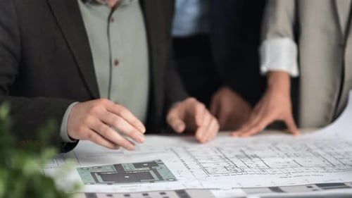 Architect Building Construction Corporate Team Meeting Colleagues Discuss Blueprint Draft Plan