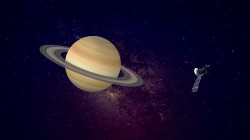 Satellite Flying Past Saturn in Deep Space Exploration