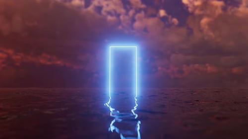 Neonleuchtendes rechteckiges Portal, das unter bewölktem Himmel aus der Wasseroberfläche auftaucht
