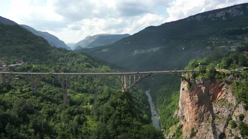 Djurdjevic is arched bridge across the Tara River. Montenegro. Aerial view.