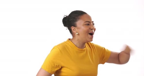Woman Cheering and Celebrating on White Background