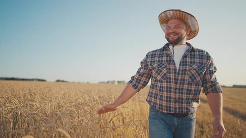 Portrait of Cheerful Farmer in Checked Shirt and Hat Walking in Rye Fields Owner of Agricultural