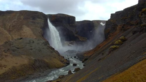 Aerial of Majestic Haifoss Waterfall. Spectacular Scenery of Iceland