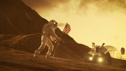Astronaut Stands on Mars with American Flag