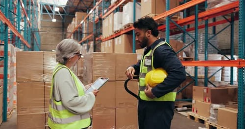 People, smile and tablet for logistics in warehouse with supply chain, discussion and agreement