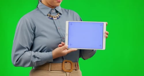 Green screen, tablet and woman hands with mockup, tracking markers and advertising or presentation