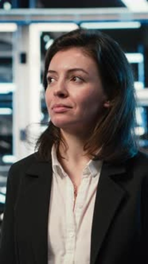 Vídeo vertical: Smiling Manager inspecciona un centro de datos futurista con una superposición de malla alámbrica azul