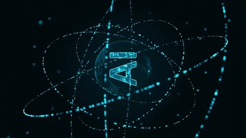 Blue digital AI logo with particle ring circle rotation and ai technology icon