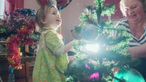 Child and Senior Woman Decorate Christmas Tree Together