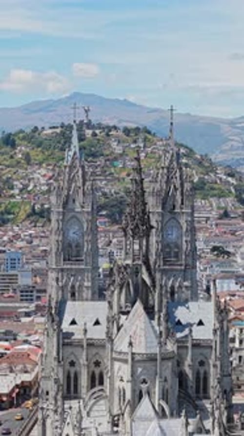Vertical Quito Cityscape Capturing Basilica Del Voto Nacional Panecillo Hill Virgin Mary Statue