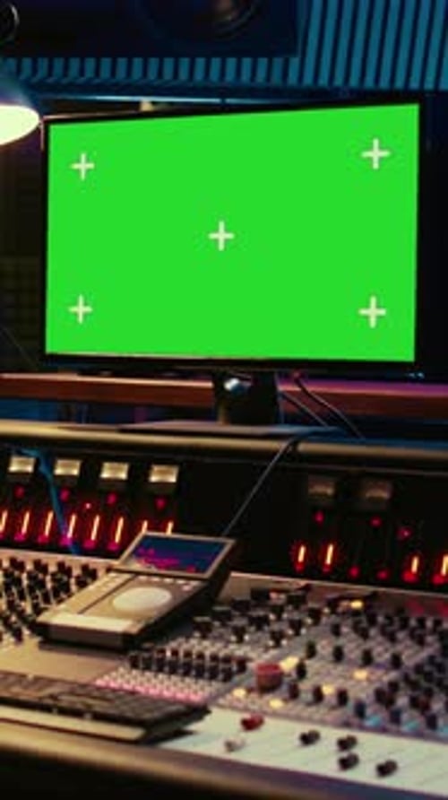 Vertikaler Video-Sound-Designer schaut sich Online-Tutorials über den Greenscreen-Monitor an
