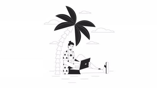 Minimalist Illustration of a Person Working Remotely Under a Palm Tree